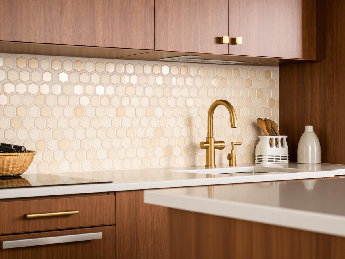 Cream hexagon tile backsplash with brass fixtures