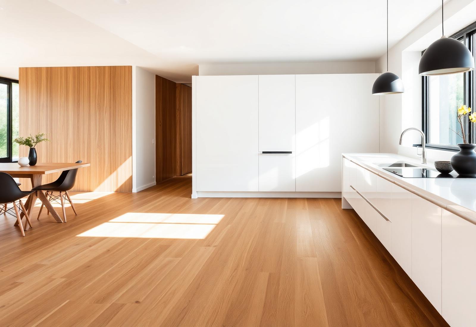 Wide-plank warm oak hardwood floor in a bright modern kitchen